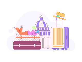 Fototapeta premium Holiday travel travel characters internet background vector hand drawn illustration 