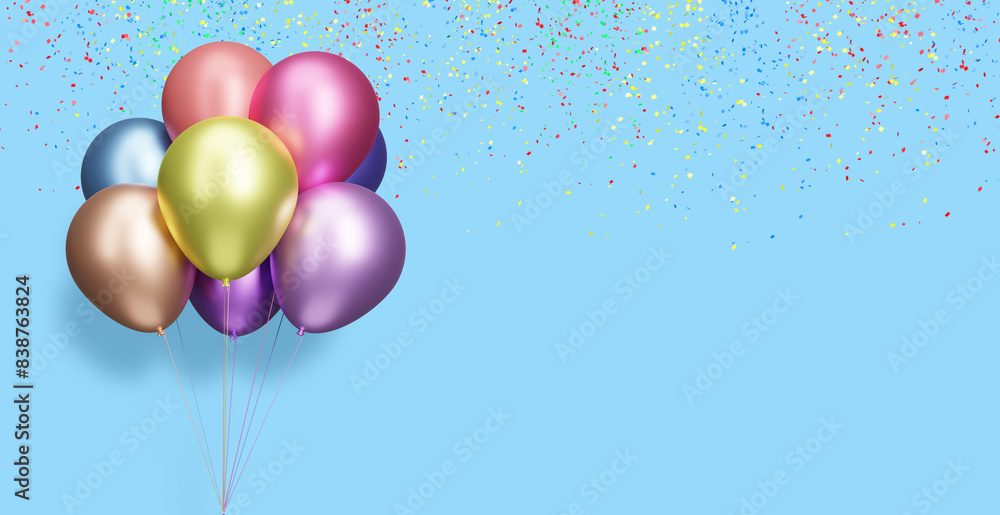 Aufkleber Bunch of colorful balloons on blue background with confetti. Empty space for text. 3d rendering