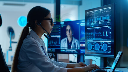 Female doctor wearing headset, analyzing medical data on computers in a modern clinic. Utilizing advanced technology for patient care and diagnostics.