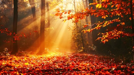 Fototapeta premium Sunlight Streaming Through Autumn Leaves in Forest. Sunbeams shining through the trees in an autumn forest with colorful leaves on the ground.