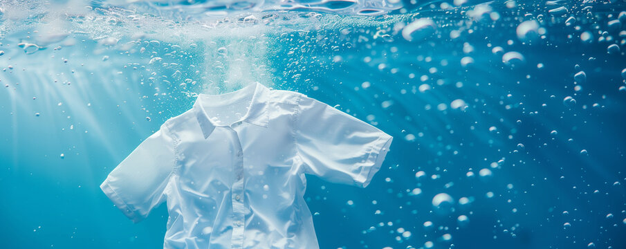 A clean white shirt floating underwater surrounded by detergent bubbles, representing freshness and laundry cleanliness concepts.