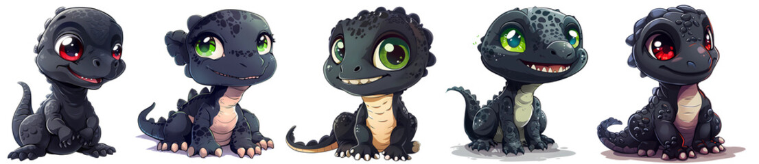 collection of cute black baby dinosaur illustration, Clipart Sticker, png, generated ai