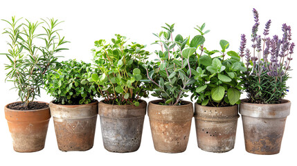 Five potted herbs in terracotta pots, arranged in a row  Isolated on transparent background.