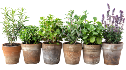 Five potted herbs in terracotta pots, arranged in a row  Isolated on transparent background.