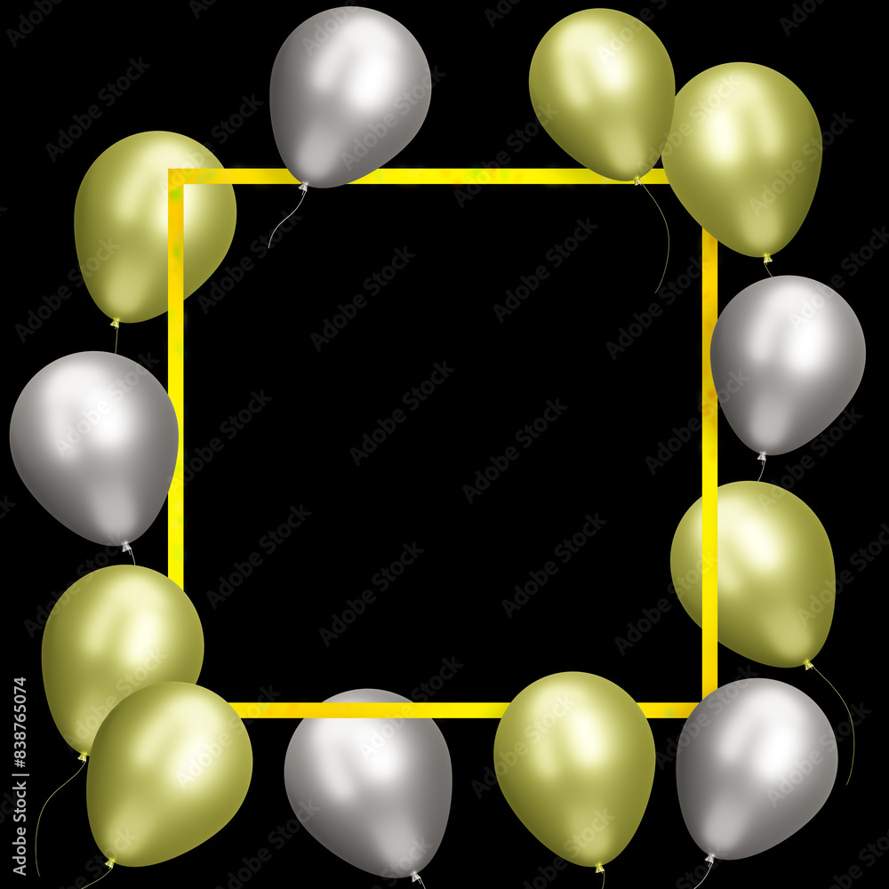 Aufkleber Golden frame with gold and silver balloons on black background. Empty space for text. 3d rendering