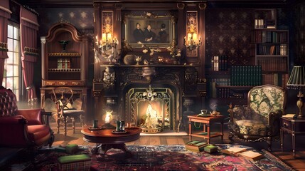 Cosy view of an old room with fire place and sofa background, Generative Ai
