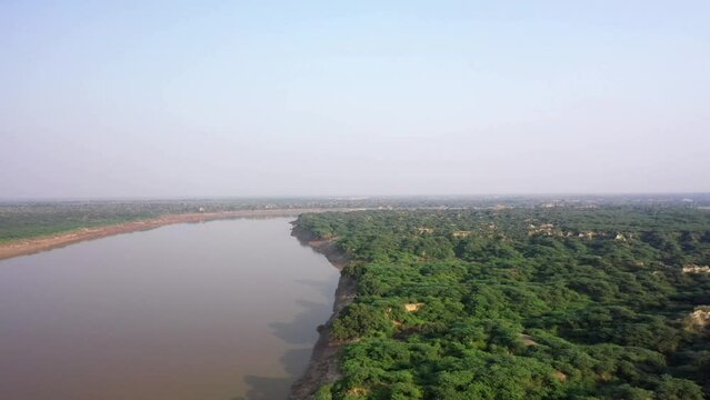 An Aerial shot of Chambal River at Madhya Pradesh, India 