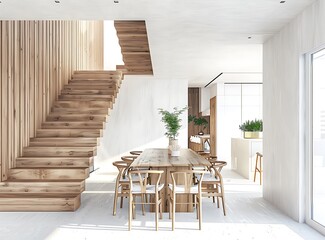 Modern dining room with a wooden staircase and white walls, simple home interior design of a modern living space in the style of a minimalist aesthetic