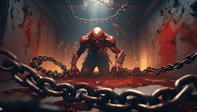 Gory, demonic creatures writhe in a blood-soaked dungeon, barely restrained by heavy chains. Their menacing poses and the chilling atmosphere evoke pure horror. 