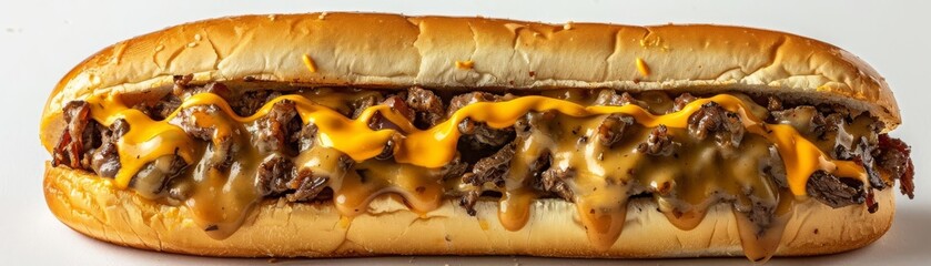 A Philly cheesesteak sandwich with melted cheese, American flag, white background, detailed textures
