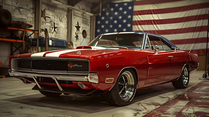 An American muscle car proudly displaying the USA flag, evoking a sense of patriotism and freedom. Suitable for American holiday celebrations and vintage automotive themes.