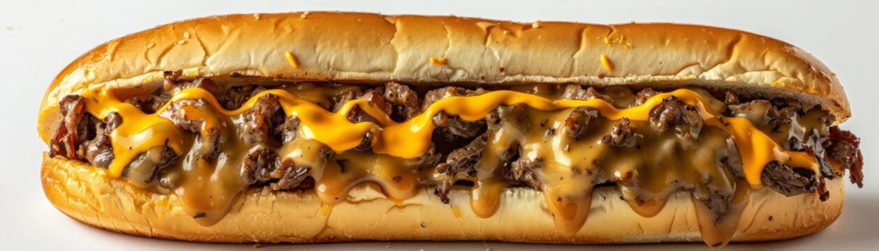 A Philly cheesesteak sandwich with melted cheese, American flag, white background, detailed textures