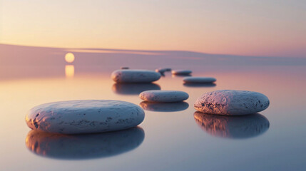 Tranquil Dreamscape with Floating Stones and Gradient Horizon in 3D Minimal Composition