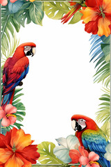 Colorful tropical parrot frame with vibrant flowers and lush leaves perfect for invitations, cards, and summer designs.