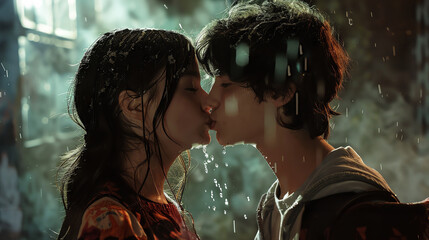 First kiss of a teenage couple in love