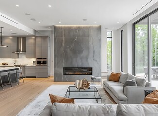 Modern home interior with a living room and kitchen, featuring a grey marble fireplace wall, sofa, 