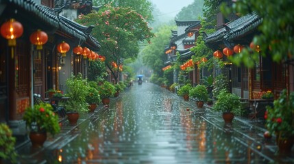 Obraz premium A serene scene of a quiet alleyway in an ancient town, the rain creating a sense of calm and nostalgia