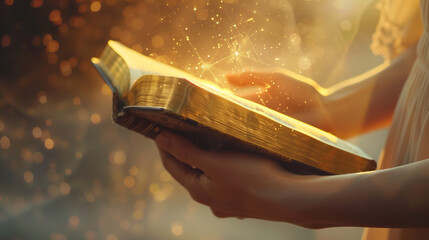 Woman praying on holy bible in the morning have a Yellow lights and sparkles coming. Woman hand with Bible praying. Christian life crisis prayer to god 