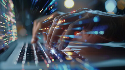 Close-up of hands typing on a laptop with digital overlay, representing technology, data, and communication concepts.
