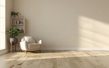 Modern interior design of a living room with a wooden floor and light beige walls in a mock up, an armchair and bookcase in the corner, a green plant on a side table