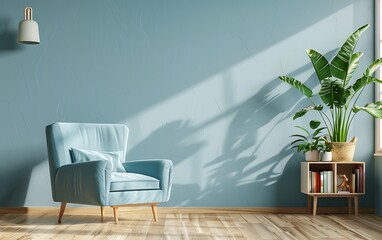 Modern interior design of a living room with a wooden floor and pastel colored walls in a mock up