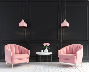 Modern interior design of a living room with pink armchairs and a black wall, white wooden floor