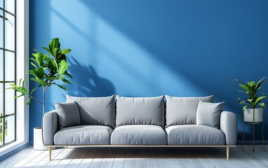 Modern interior design of living room with blue wall and grey sofa 3d rendering, stock photo