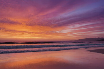 A serene sunset beach silhouetted against a sky painted in hues of orange, pink and purple