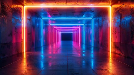 A futuristic underground corridor with neon glowing blue and orange lights, featuring a retro sci-fi aesthetic, glossy concrete surfaces, and vibrant colors with AI Generative.