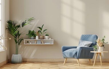 Modern interior design of a living room with a wooden floor and light beige walls in a mock up, featuring a blue armchair, book shelf, and white side table with plants