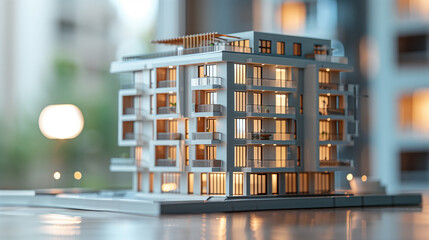 Detailed architectural model of a modern multifloor residential building, showcasing innovative housing design and urban planning.