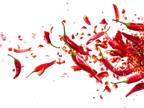 Dynamic explosion of red chili peppers and seeds in mid-air, isolated on a transparent background, showcasing vibrant energy and freshness.transparent, png,