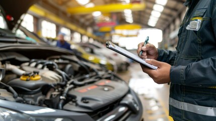 Professional Auto Mechanic Inspecting Vehicle Engine with Clipboard in Workshop