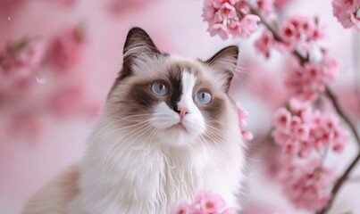 Elegant Ragdoll Cat with Striking Blue Eyes Surrounded by Soft Pink Blossoms