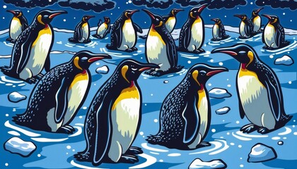 Colorful illustration of penguins standing in icy water, with a vivid, cartoon-like style, set against a snowy, evening landscape.