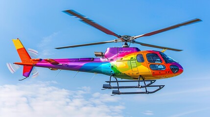Fototapeta premium A vivid multi-colored helicopter soaring through a clear blue sky with aggressive styling, bold lines, and sharp angles, set against a pristine blue backdrop