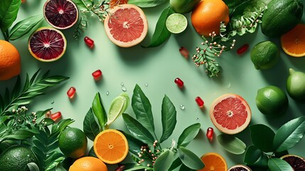 Various citrus fruits and green leaves on a solid green background.