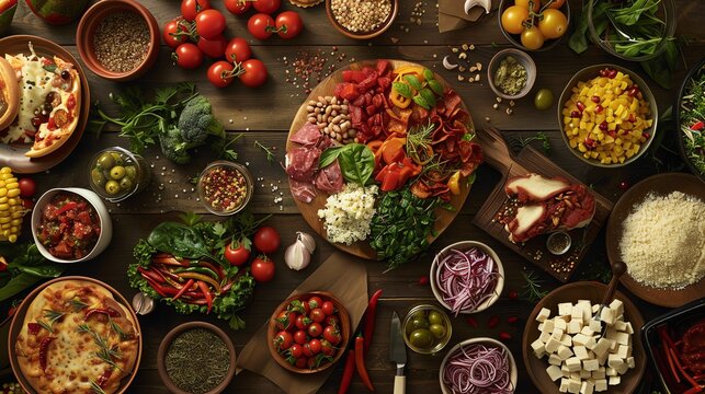 Top view of delicious Italian antipasto platter with pizza, cheese, olives, vegetables and spices on rustic wooden table.