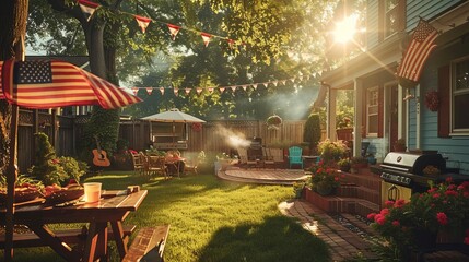 A backyard barbecue with American flag bunting, friends grilling, daylight, vivid colors