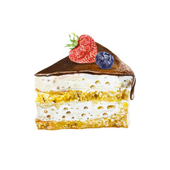 A piece of sponge cake with chocolate icing, strawberries and blueberries. Watercolor illustration isolated on white background. Birthday cards, invitations, posters, cafe menus, bakeries, restaurants