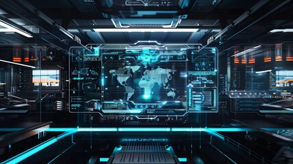 Fototapeta premium Transparent holographic screen in a scifi control room, front view, demonstrating nextgen technology, futuristic tone, Tetradic color scheme