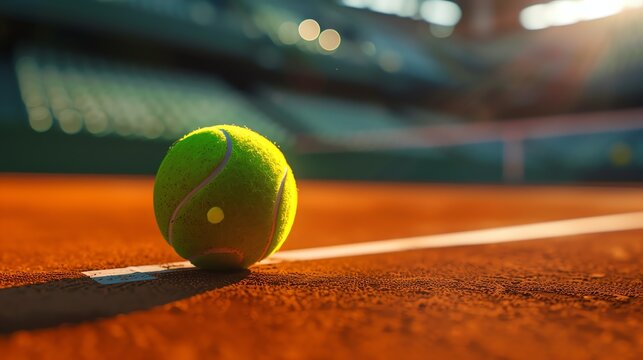 The image shows a close-up of a bright green tennis ball on a red clay court. The ball is in focus, with the background blurred.
