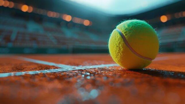 A close-up of a tennis ball on a clay court. The ball is in focus, with the court and stands blurred in the background.