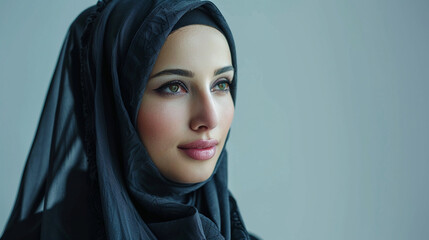 Naklejka premium cute pretty 40-50 year smile posting exited Muslim woman covered in beautiful hijab realistic photo in studio shooting full body photograph for advertising.