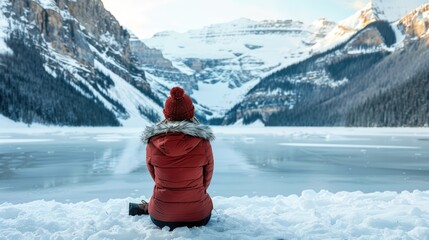 A delighted traveler enjoys a moment of peace by a frozen lake, their content expression mirroring the beauty of the snowy peaks and icy waters, offering generous copy space for customized messaging