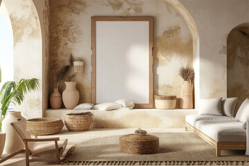 Mockup frame in a boho nomadic interior background with rural decorations