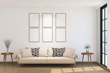 3d render of minimal wall mock up with sofa, lower table and frames side the window. Wood parquet floor, white wall and white ceiling flat. Set 4