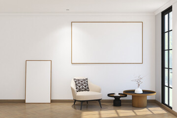 3d render of minimal wall mock up with armchair,  coffee table and frame side the window. Wood parquet floor, white wall and white ceiling flat. Set 10