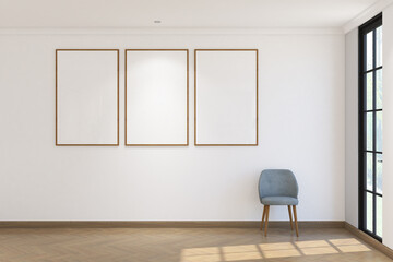 Fototapeta premium 3d render of minimal wall mock up with chair and frames side the window. Wood parquet floor, white wall and white ceiling flat. Set 8