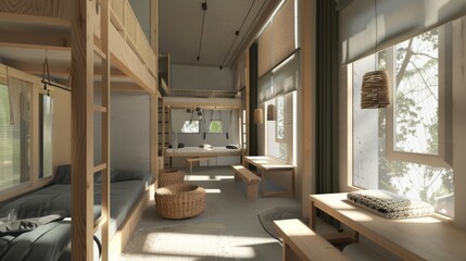 Ecofriendly dorm hostel with sustainable materials, cozy communal areas, and natural light, side view, emphasizing an environmentally conscious stay, advanced tone, Complementary Color Scheme